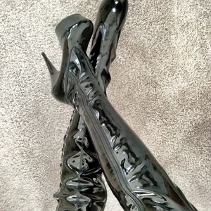 Black thigh high platform patent boots
